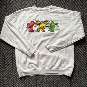 Keith Haring Three Dancing‎ Figures White Crewneck Sweatshirt Mens M Streetwear